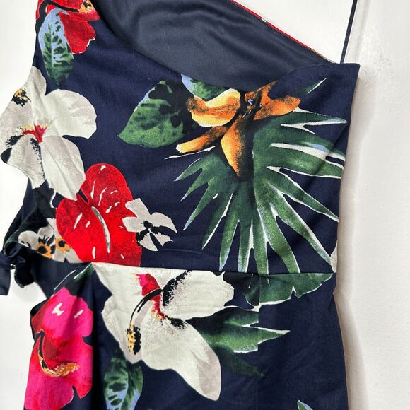 Zara Navy Red White Floral 3 Side Tie One Shoulder Mini Dress Side Zip Medium - Picture 7 of 11